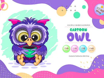 Cartoon owl with a cup. art cartoon character comic design illustration owl vector vintage owl