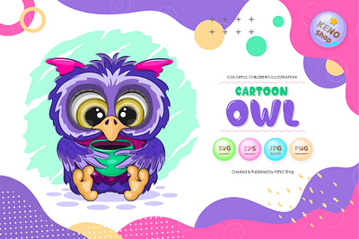 Cartoon owl with a cup. art cartoon character comic design illustration owl vector vintage owl