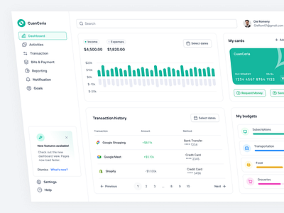 CuanCeria - Financial Dashboard 💸 balance sheet visualization card dashboard dashboard color schemes dashboard layout ideas data visualization design expense vs income tracking finance financial analytics design financial dashboard ui financial goal tracking interactive charts minimalist design net profit visualization ui user experience user interface ux