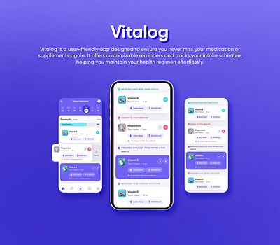 Tha App "Vitalog" has been designed by Ansysoft adobe illustrator adobe photoshop comprehensive customizable effortlessly figma health intuitive app medication medicine inventory mobile app pills vitalog