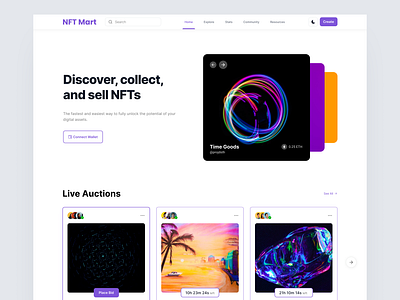 NFT Mart Hero Area crypto wallet cryptoart ethereum hero section landing page nft nft marketplace nftart nfts product design rarible ui ui design ux website website design