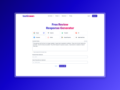 Testimoon – AI Review Response Generator. ai dashboard generate ai simple ui ui design ux