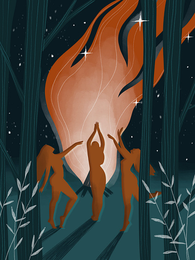 Dance in forest | Magic digital illustration | mystical art art celebration dance digital fairytail fantasy fire flat forest girl hand drawn illustration magic mystic night procreate ritual whimsical witchy woman