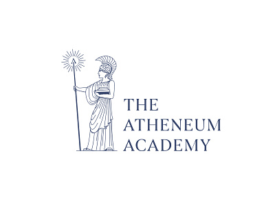 The Atheneum Academy Logo academy athena atheneum book brand branding education god greece helmet learning legend letter light logo logotype myth spear woman