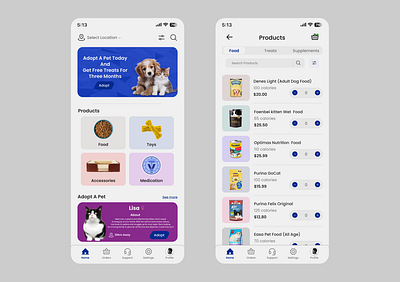 ui design for a pet shop with a feature for pet adoption. pet pet shop ui design