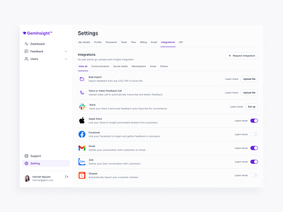 App Integration - GemInsight ai app dashboard design desktop graphic design insight hub integration mobile product design setting ui ux