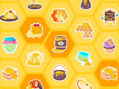 Honey Stickers art bee beekeeper colorful cute design dessert flat food hive honey honeybee honeycomb illustrator pancakes sticker sticker set stickers sweet vector