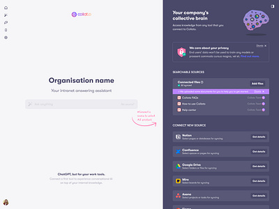 Conversational assistant for integrations ai answer brain chat chatgpt confluence dashboard figma google drive home integrations jira knowledge miro notion question search sources ui