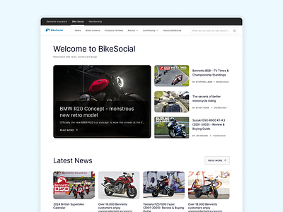 Bennetts - leading UK motorbike insurance broker articles bike bikesocial calendar clean design event calendar events featured article imagery insurance light mode minimal mockup motorbike news ui uk web design website