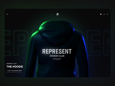 REPRESENT OWNER'S CLUB HOODIE | WEB DESIGN 3d art black blue bold branding dark design digital green hoodie lighting represent spline streetwear ui web web design