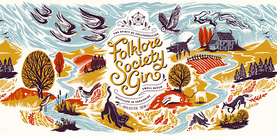 Folklore Society Gin 2d bottle digital folioart graphic design illustration joanna lisowiec label landscape lino cut nature packaging typography vecto vector