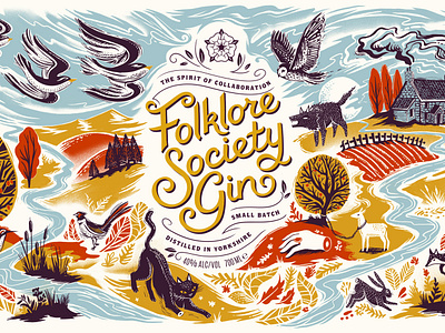 Folklore Society Gin 2d bottle digital folioart graphic design illustration joanna lisowiec label landscape lino cut nature packaging typography vecto vector