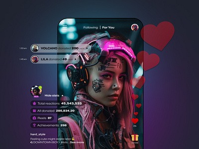 Streaming App characterdesign characterillustration cybergirl cyberpunkart cyberpunkdesign darkmodedesign digitalart digitalportrait futuristicui gaminginterface holographicui mobileappdesign neonaesthetic neonlights scifistyle streamingapp techwear ui uiconcept visualeffects