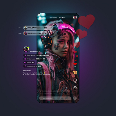 Streaming App characterdesign characterillustration cybergirl cyberpunkart cyberpunkdesign darkmodedesign digitalart digitalportrait futuristicui gaminginterface holographicui mobileappdesign neonaesthetic neonlights scifistyle streamingapp techwear ui uiconcept visualeffects