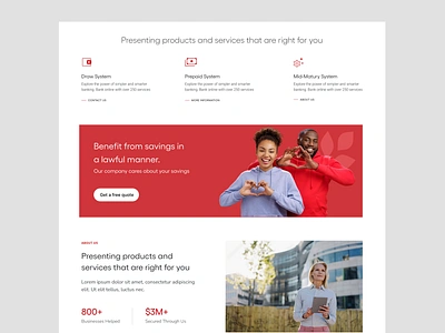 Finance website layout structure about us banking colorful features finance landing page layout red stats ui design