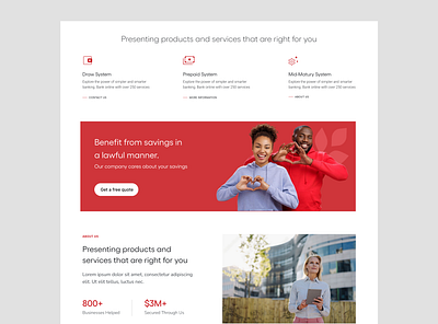 Finance website layout structure about us banking colorful features finance landing page layout red stats ui design