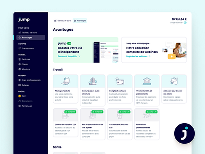 Jump — Advantages branding card client space freelance illustration list navigation page product design ui ux