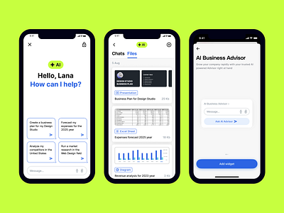 AI feature integration ai business advisor ai chatbot ai integration ai powered platform ai solutions business automation business management business planning tool competitor analysis digital business assistant file management financial forecasting mobile app ui mobile ui design productivity tool ux design