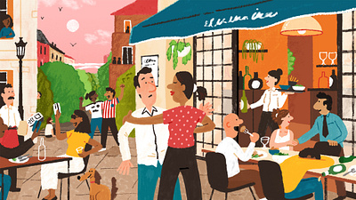 Etiquette in Madrid 2d character culture digital editorial folioart food illustration michael parkin restaurant texture