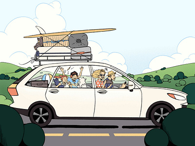 Roadtrip 2d car cartoon character children digital editorial family folioart holiday illustration noen ken alec lu summer travel