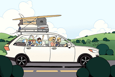 Roadtrip 2d car cartoon character children digital editorial family folioart holiday illustration noen ken alec lu summer travel