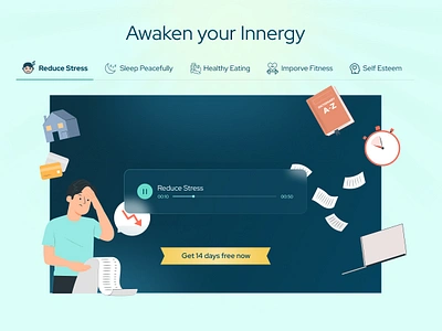 Awaken Your Innergy by Listening! awaken calm diet energy fitness food graphic graphic design improve fitness meditate meditaton player ui uiux wellness yoga