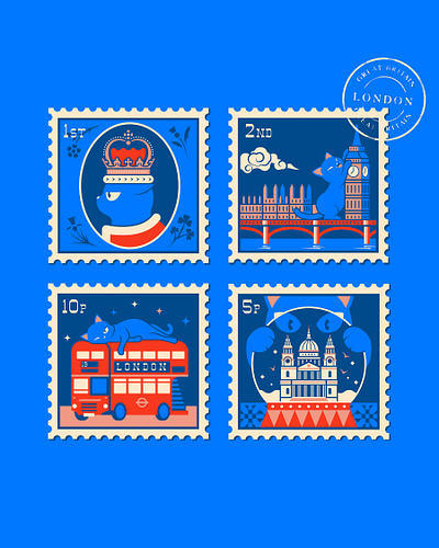 Bounty the Black Cat Takes London Illustration animals big ben black cat british cat illustration character design color colour cute illustration london london bus london landmarks parliament postage stamps royal mail st pauls cathedral tfl tourism united kingdom