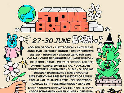 Stone Bridge Stage - Glastonbury Festival '24 branding cartoon character design character illustration design digital illustration festival illustration music poster typography