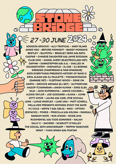 Stone Bridge Stage - Glastonbury Festival '24 branding cartoon character design character illustration design digital illustration festival illustration music poster typography