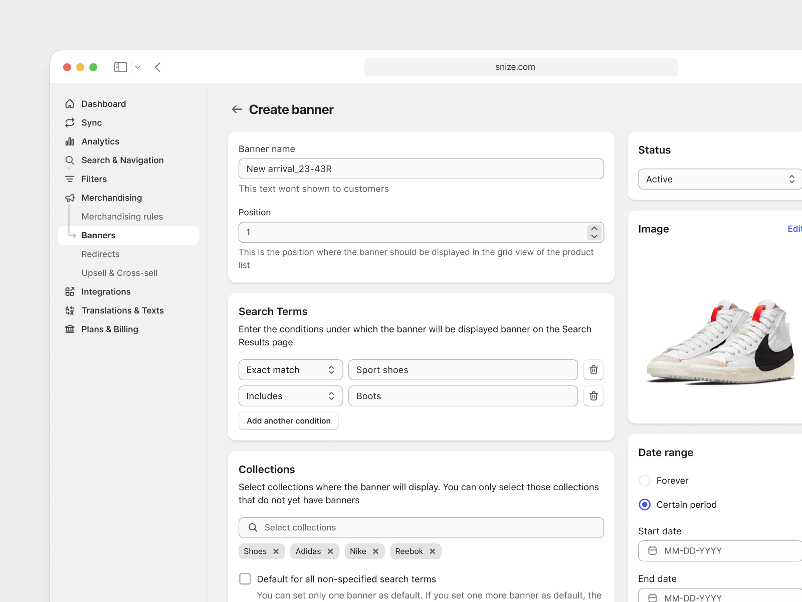 Search & Filter app — Banner creation page app banner clean crm dashboard design e commerce e shop minimalist modern polaris product product design saas shopify sidebar software ui ux workspace