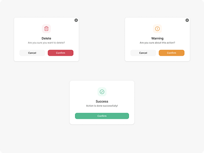 Confirmation Modal Dialogs - Delete, Warning, and Success actionfeedback cleanui colorcodedui confirmationmodal deleteaction dialogbox modaldesign successmodal uidesign uipatterns userconfirmation userinteraction uxdesign warningmodal webdesign