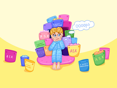 Girl and a mountain of bags. Brand illustration 2d accessories bag brand illustration cartoon character design children art clothes colorful cute digital art digital painting fashion flat graphic girl illustration mascot procreate social media website