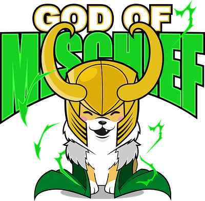 God of MISCHIEF 2d animation apparel asgard cartoon character design comic cute dog god illustration legend loki marvel comic movie myth puppies shiba inu thor vector