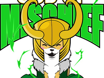 God of MISCHIEF 2d animation apparel asgard cartoon character design comic cute dog god illustration legend loki marvel comic movie myth puppies shiba inu thor vector