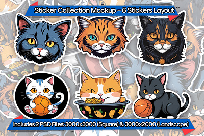 Row of Six Sticker Pile Mockup adhesive mockup sticker display sticker group mockup sticker mockup sticker pile mockup sticker showcase stickers mockup