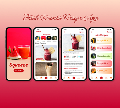 Fresh Drinks Recipe App | Product Design app concept app design app interface app mockup clean design food drink app graphic design interface design light theme ui minimal ui mobile app design mobile ui product design product designer recipe app smoothie app ui design ui ux vibrant drink ui