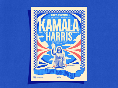 Kamala Harris- NC Rally Artwork branding campaign checkered pattern clouds sky democrat deomocrats illustration kamala harris logo north carolina patriotic political rally politics poster design president retro stars and stripes uninted states of america vice president vintage