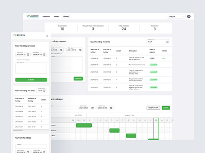 ALLWIN Activity App Holiday page adminpanel allwinapp calendarui cleaninterface dashboarddesign holidayrequest mobilefirst modernui responsivedesign teammanagement timemanagement ui userfriendly ux webappdesign workmanagement