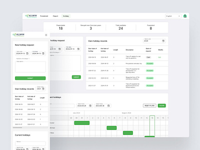 ALLWIN Activity App Holiday page adminpanel allwinapp calendarui cleaninterface dashboarddesign holidayrequest mobilefirst modernui responsivedesign teammanagement timemanagement ui userfriendly ux webappdesign workmanagement