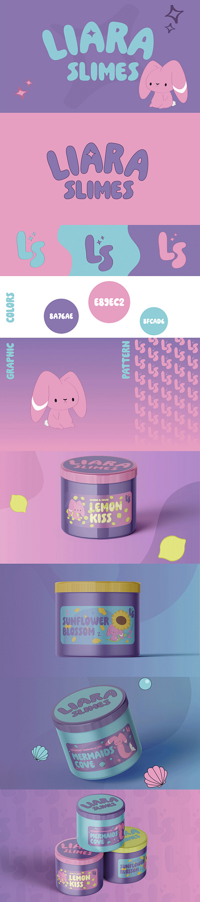 Liara Slimes boxdesign bunny colorscheme cute design etsybuisness fun graphic design handwritten illustration kawaii logo packaging pinkpurple playful slime smallbuisness star typography visualidentity