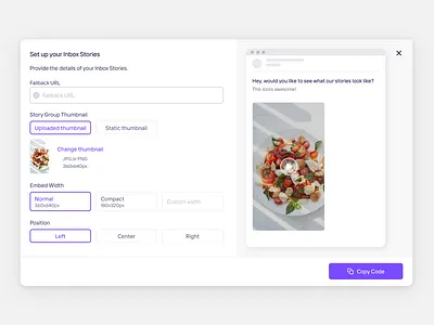 Edit thumbnail popup change thumbnail copy code cover dashboard dialog edit embed image input modal play icon pop up popup position preview product design saas selectbox thumbnail ui design