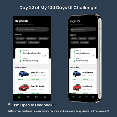 Day 22/100 - Ride Booking App UI ui