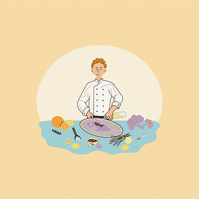 Fish chef 2d illustration chef cooking cooking fish cooking illustration digital illustration flat illustration illustration redhead vector illustration