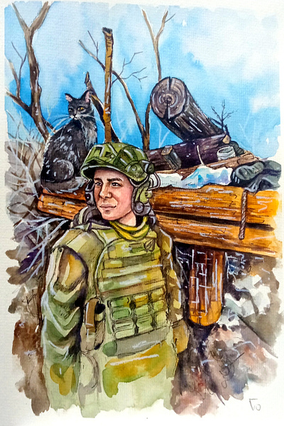 Original watercolor Ukrainian painting, Cat and Soldier, Art art cat hand painted illustration paint painting soldier ukraine war