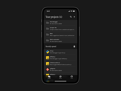 Your projects (dark theme) app design ui ux