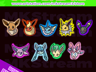 Twitch sub badges pokemon eevee evolution pack animated emotes anime cute design eevee eevee sub badges emotes eve illustration jolteon pikachu pokemon pokemon sub badges sub badge sub badges sylveon twitch sub badges umbreon vaporeon vlareon