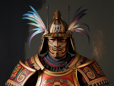 samurai armor set with Aztec motifs illustration