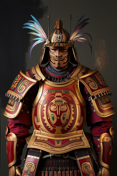 samurai armor set with Aztec motifs illustration