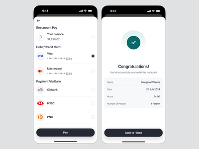 Restaurant Booking Mobile App - Payment Flow 💰 app design bank account book booking app food restaurant ios meal order summary ordering payment payment flow payment method product design reservation restaurant restaurant app succes payment ui uiux ux
