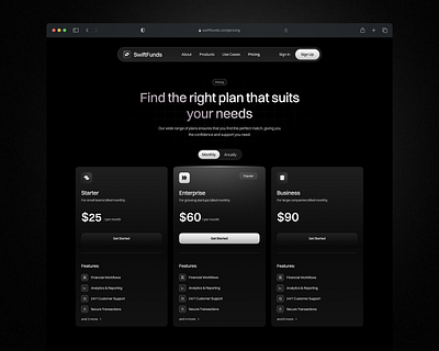 Pricing page for SaaS Fintech Landing Page clean dark mode design finance finance platform fintech fintech platform landing page plans price pricing pricing page product design saas ui ux website